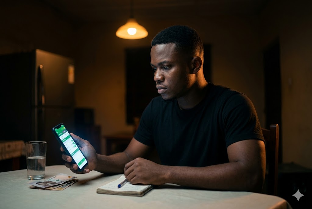 Focused Nigerian man with phone at night